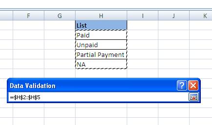 Using data validation in excel