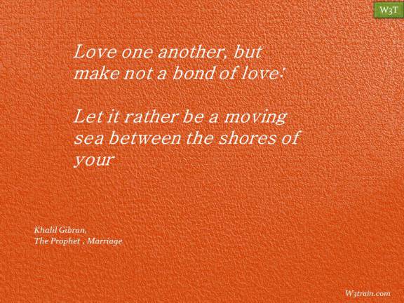 Love one another, but make not a bond of love: Let it rather be a moving sea between the shores of your souls.