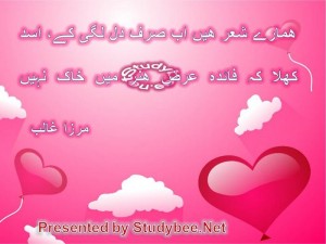 Hamary sher hain ab sirf dil lagy k liye asad, khula k faeda arz e hunr main khak nahy(Mirza Ghalib-Love Poetry)